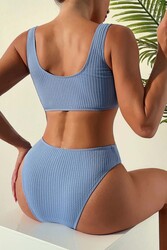 Angelsin Özel Fitilli Kumaş Tankini Bikini Üstü Mavi - Thumbnail