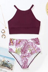 Angelsin Yüksek Bel Baskılı Tankini Bikini Takım Bordo - Thumbnail