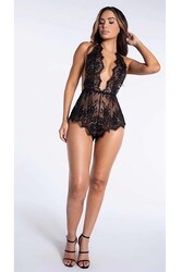 Merry See Şık Dantelli Gecelik Babydoll Bodysuit Tulum Siyah - Thumbnail